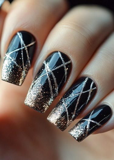 Elegant black and gold nail art with geometric silver designs and glittering tips.