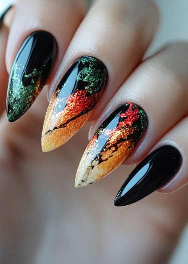 Stunning black gradient nails with vibrant colors and glitter for a chic, trendy look.