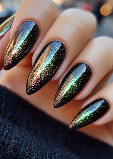 Stunning stiletto nails with glossy black gradient and shimmering cosmic colors for elegant nail art.