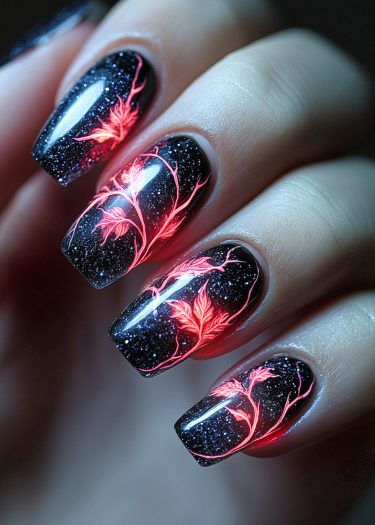 Glossy black nail art with glowing red leaves creates a striking, celestial design.