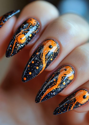 Cosmic nail art with glossy black base, orange swirls, and sparkling star glitter design.