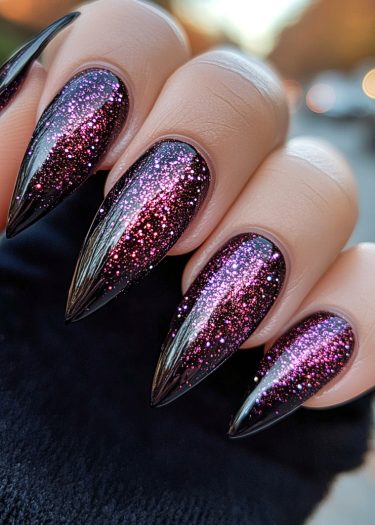 Stunning glossy black ombre stiletto nails with vibrant pink glitter for a chic manicure.