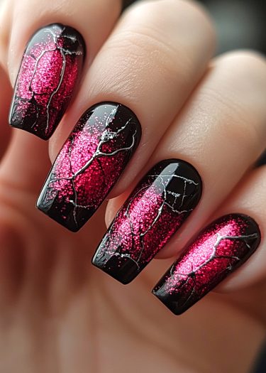 Elegant glossy black nails with vibrant pink glitter and abstract white lines for a bold style.