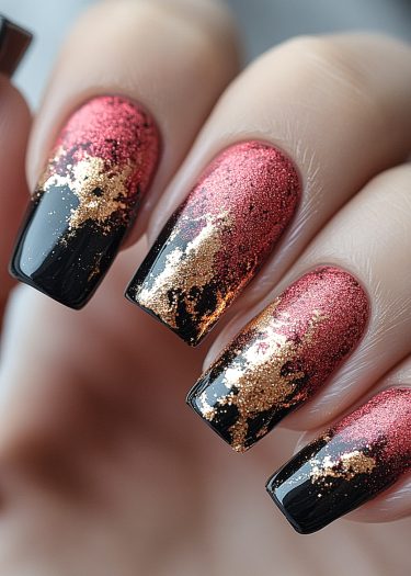 Stunning black and red gradient nails with shimmering gold flakes for a bold fashion statement.