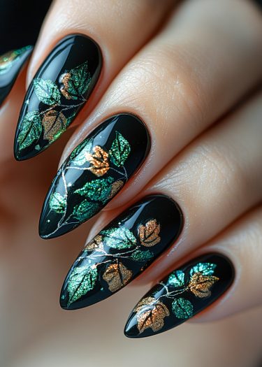 Elegant glossy black stiletto nails with intricate botanical designs in metallic green and copper.