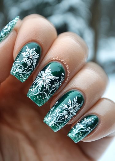 Elegant emerald green nail art with floral design and sparkling rhinestones against a snowy backdrop.