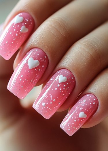 Glossy pink ombre nails with heart designs and whimsical dots for a charming manicure.