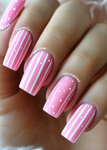 Elegant pastel pink nail art with glossy stripes and dots for a chic, playful look.