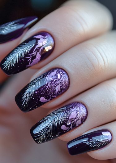 Intricate glossy purple nail art featuring silver feathers and floral designs for elegant style.