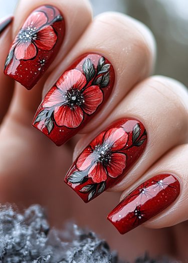 Glossy red floral nail art featuring intricate designs and a striking shiny finish.