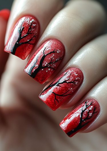 Vibrant red nail art featuring elegant black trees and delicate white blossoms for a stunning look.