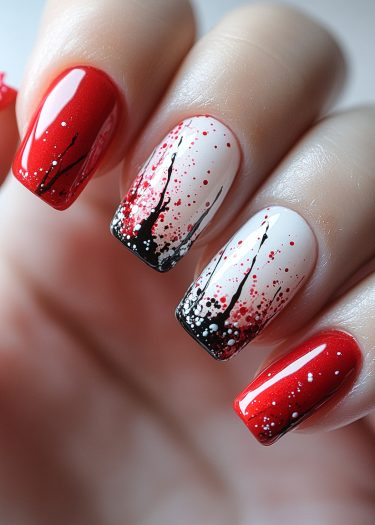 Stylish red, black, and white nail art with glossy finish and intricate designs.