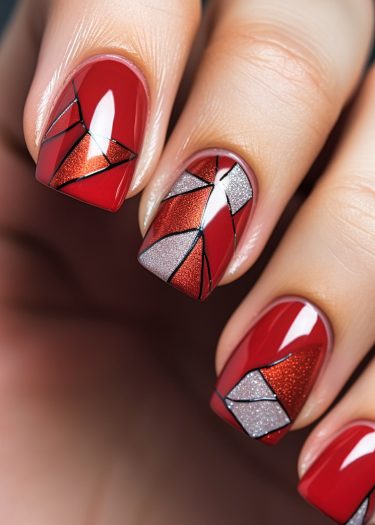 Glossy red nails with geometric designs and shimmering silver accents in a professional manicure.