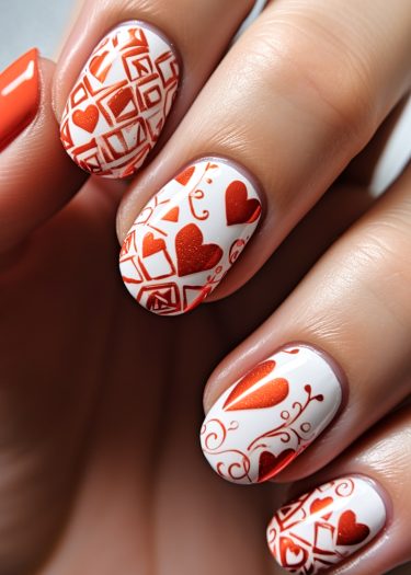 Chic white nail art with glittery orange-red hearts and intricate geometric designs.