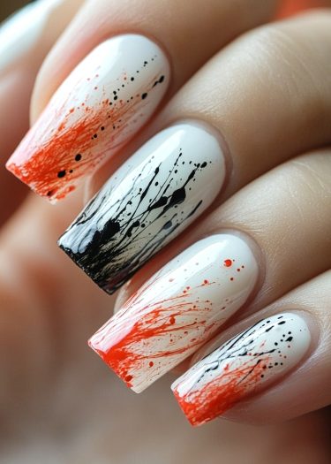 Vibrant red and black splatter nail design on glossy white background for bold nail art.