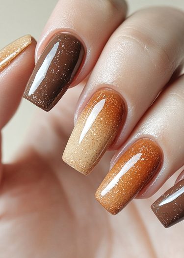 Elegant autumn gradient nail art showcasing warm colors and glittery accents on manicured nails.