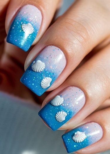 Stunning gradient beach nails with seashells, featuring a pink to blue color transition.