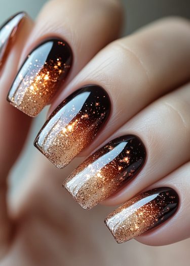 Ombre black and gold glitter nails with a sleek design for elegant nail art.