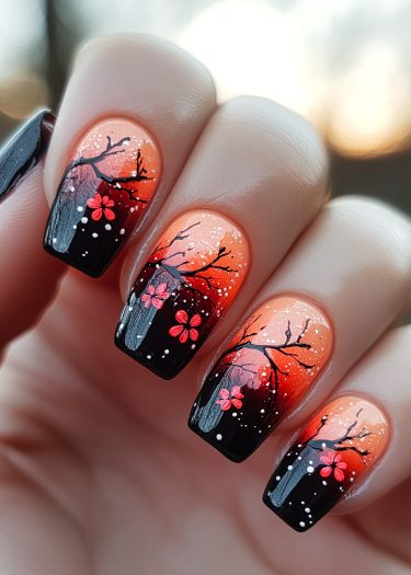 Stunning gradient orange to black nail art with tree branches and pink flowers.