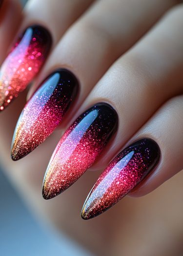 Stiletto nails featuring a stunning black to pink gradient with gold tips and shimmering finish.