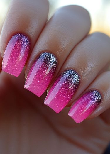 Stunning gradient black and pink nails with glitter for a vibrant manicure look.