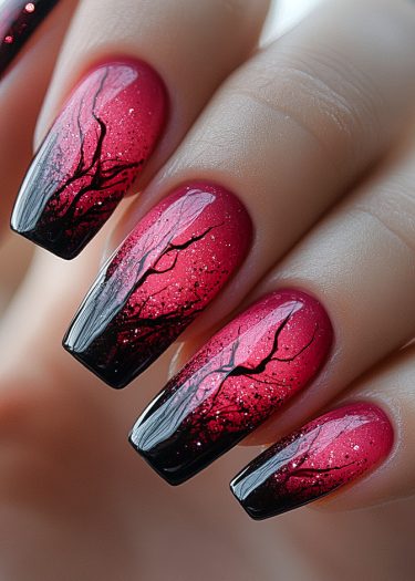 Artistic red and black gradient nails with tree silhouettes and glitter for a stunning look.