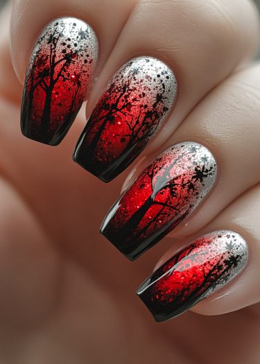 Elegant gradient black and red nail art featuring shimmering tree silhouettes and glitter accents.