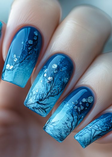 Elegant gradient blue nail art with intricate tree branches and sparkling accents.