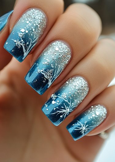 Elegant winter-themed blue gradient nail art with white branches and glitter accents.