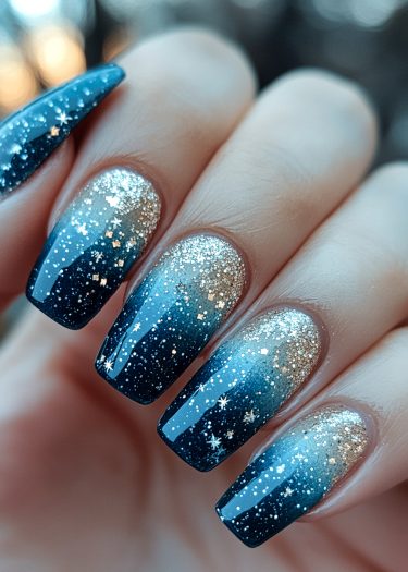 Stunning gradient blue and silver nail art with glitter and stiletto shape.