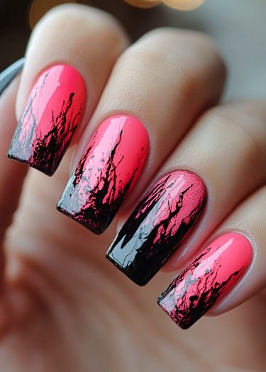 Vibrant deep pink nails with intricate black flame patterns, showcasing trendy nail art design.