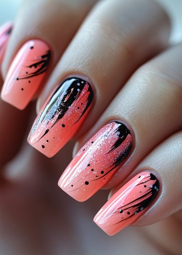 Exquisite coral-pink gradient nail art with black abstract designs and shimmering glitter.