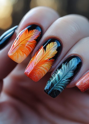 Artistic gradient feather nail art in vibrant autumn colors on glossy black nails.