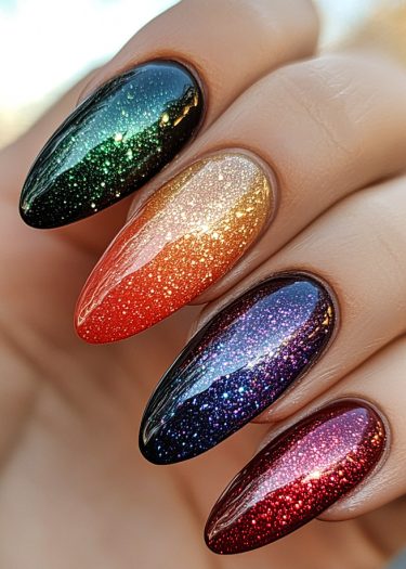 Elegant gradient glam nails with vibrant colors and sparkling glitter for a stunning manicure.