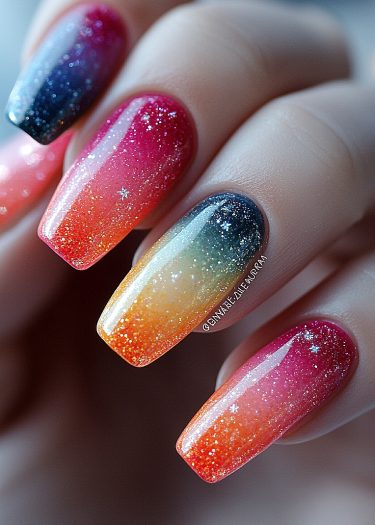 Vibrant gradient glitter nail art with star accents for a celestial manicure aesthetic.