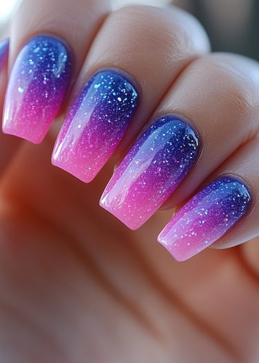 Stunning gradient glitter nail art in blue and pink with high-gloss finish.