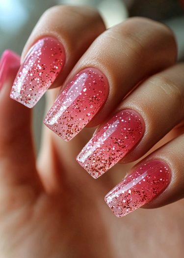 Elegant gradient glitter nails with sparkling pink ombre effect for a glamorous look.