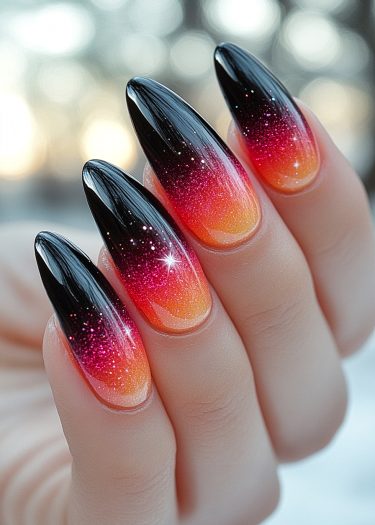 Stunning gradient glitter nails in warm orange, vibrant magenta, and deep black hues.