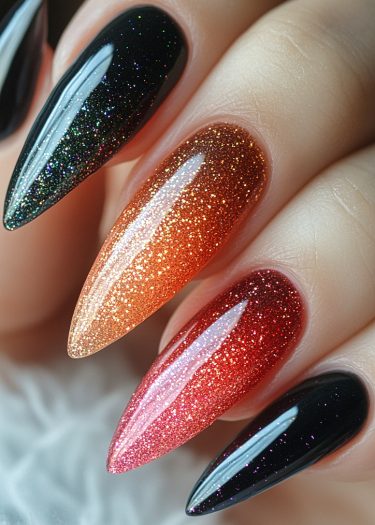 Vibrant gradient glitter nails showcase elegant almond shapes and stunning color transitions.