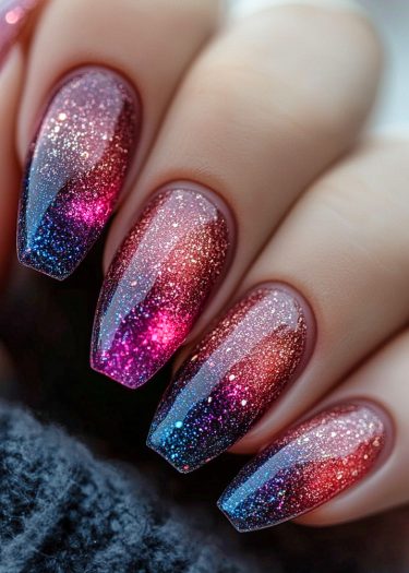 Elegant gradient glitter nails with a cosmic blue to red ombre effect.