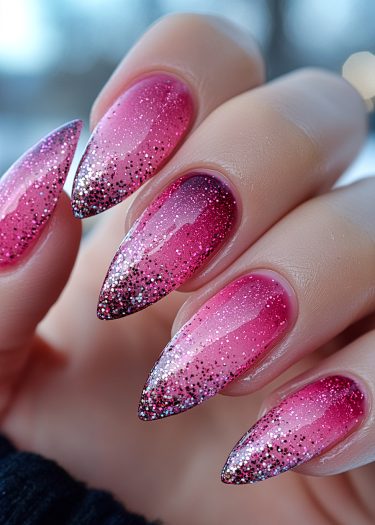 Stunning stiletto nails with pink gradient and sparkling glitter create a glamorous manicure look.