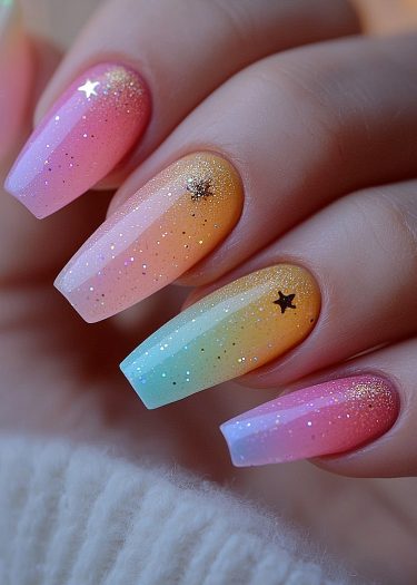 Ombre coffin nails with pink and turquoise gradient, glitter, and star accents.