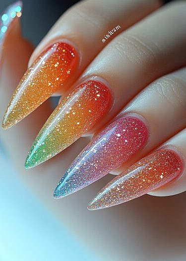 Vibrant gradient nails with glitter, showcasing stunning stiletto design and artistic flair.