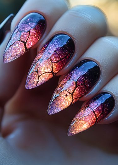 Gorgeous almond-shaped gradient glitter nails in vibrant sunset hues with a crackle effect.