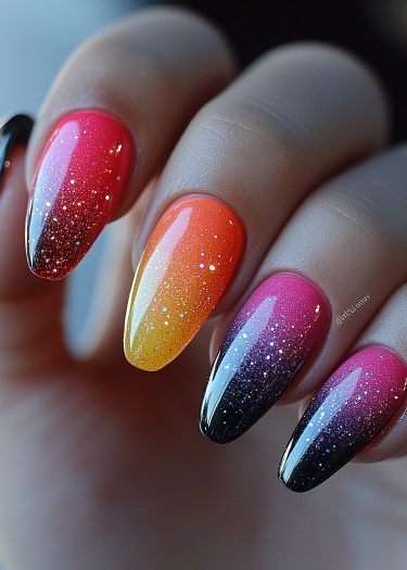 Stunning stiletto nails featuring an ombré gradient with glitter for vibrant nail art elegance.