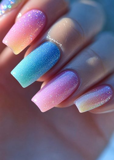 Vibrant gradient glitter nails with teal, blue, purple, pink, and yellow ombre design.