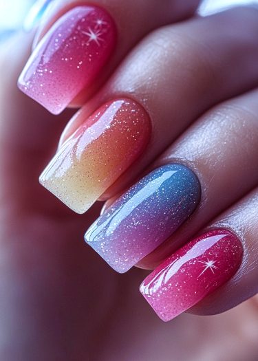 Stunning gradient glitter nails in sunset hues with starburst accents and glossy finish.