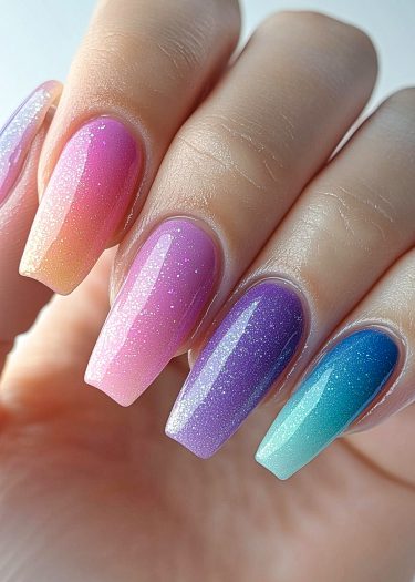 Vibrant gradient glitter nails in sleek coffin style with stunning ombre effect and colors.