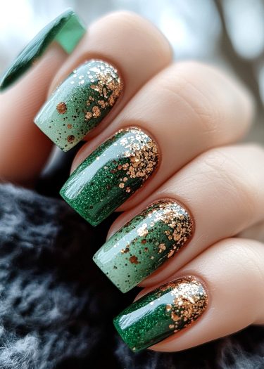 Elegant ombré green nails with gold glitter, showcasing a stunning manicure style.