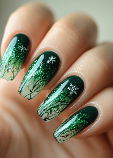 Exquisite gradient green nail art with glitter and silver detailing for a glamorous look.